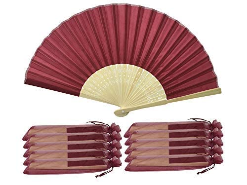 10 Pack Dark Red Maroon Silk Hand Fans with Bamboo Ribs - Elegant Wedding Favors, Party Supplies & Church Gifts (SHF06) | Perfect for Bridal Showers, Summer Weddings & Religious Ceremonies