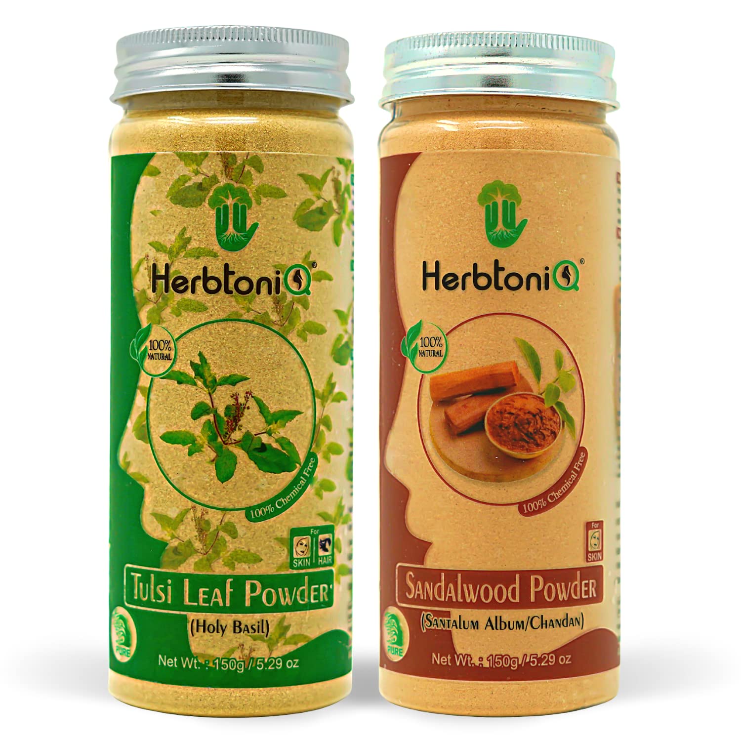 HerbtoniQ 100% Natural Tulsi Leaf Powder (Holy Basil) & Sandalwood Powder (Santalum Album) - 150g Each for Glowing Skin & Healthy Hair Care | DIY Face Mask & Hair Pack | Organic Ayurvedic Beauty Treatment