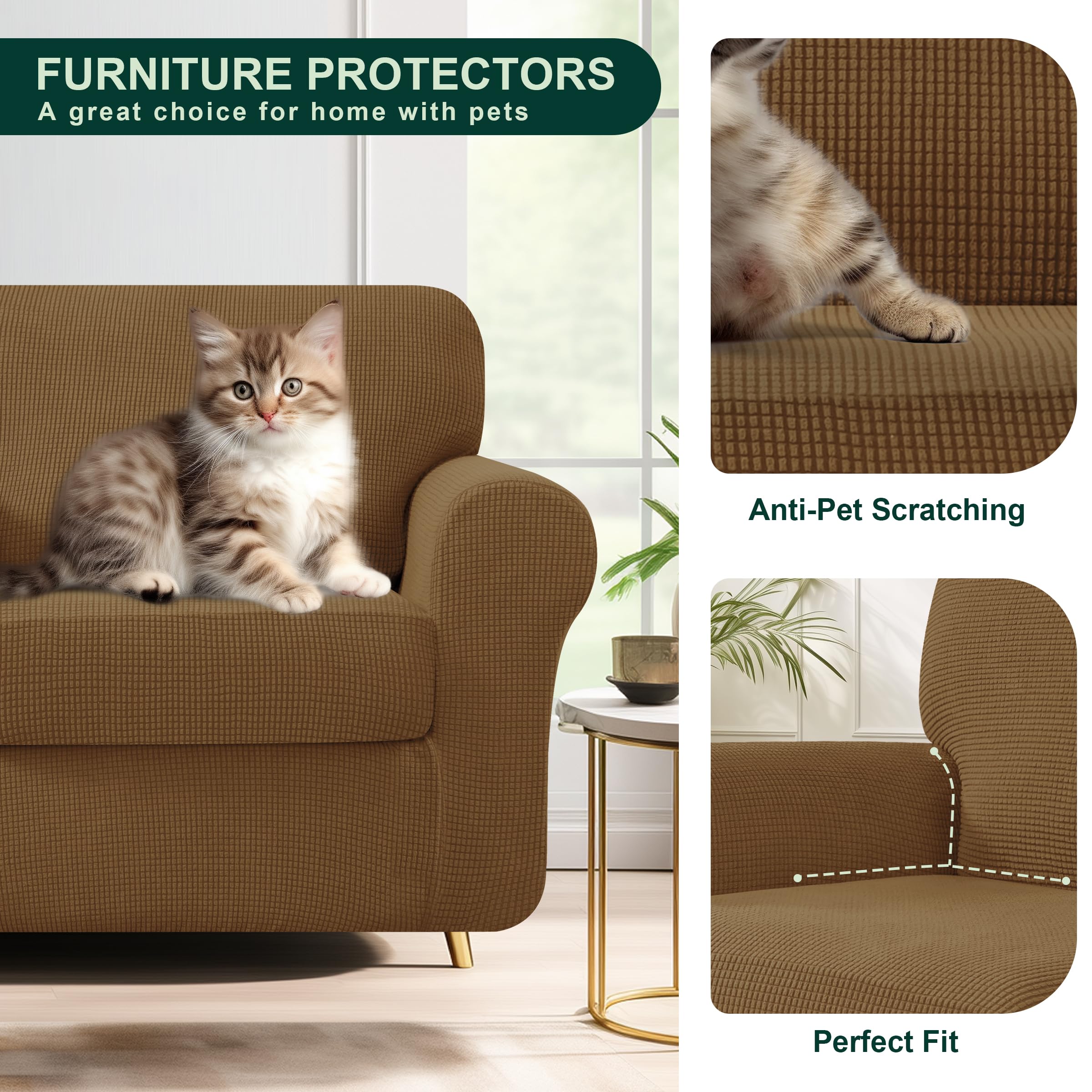 Stretch Armchair Cover 3-Piece Set - Elastic Sofa Slipcover for 1 Seater with Separate Backrest & Cushion | Jacquard Spandex Fabric (Small, Coffee Brown) | Perfect for Living Room, Office, or Dorm Furniture Protection