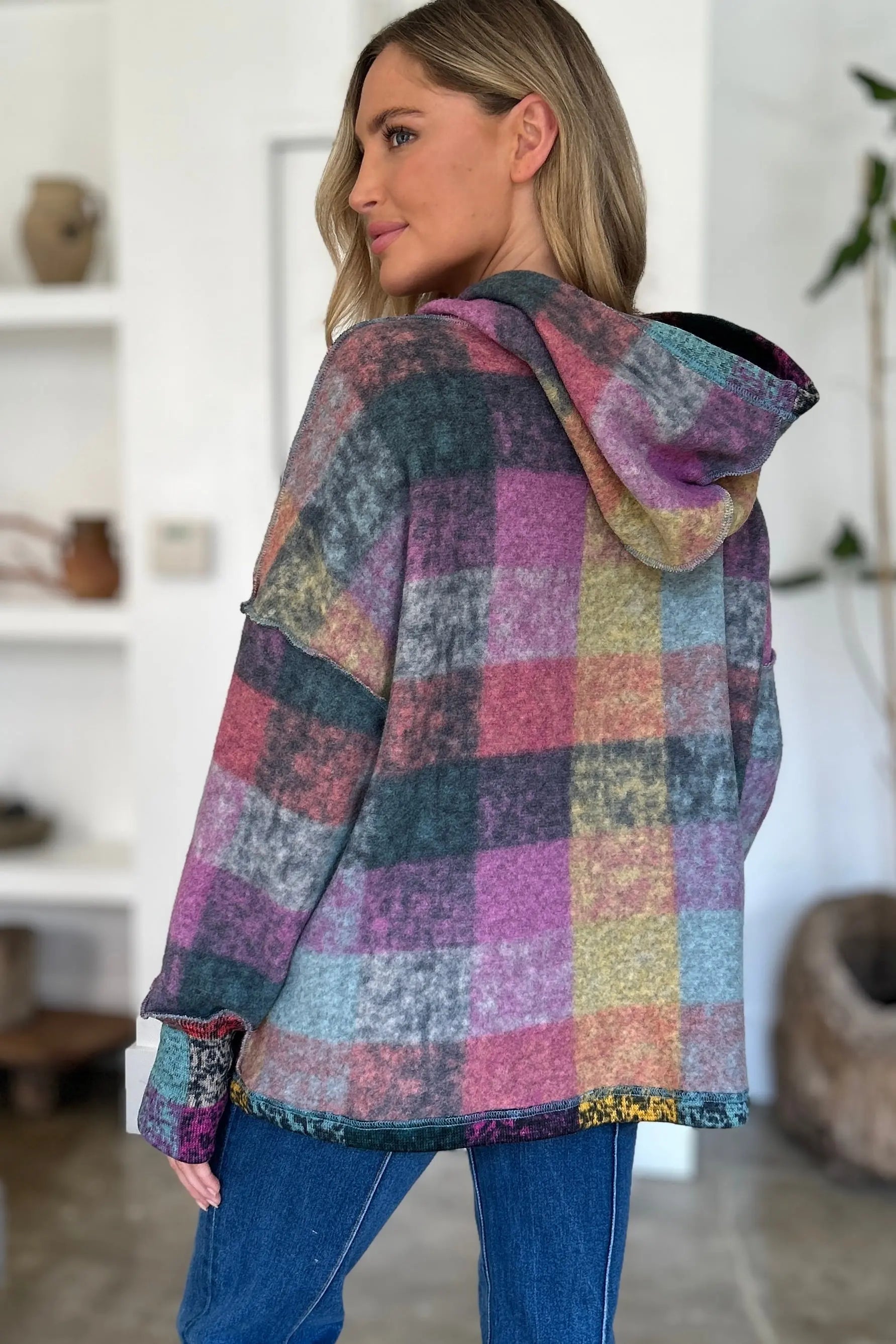 Double Take Full Size Plaid Dropped Shoulder Hoodie - Cozy Oversized Sweatshirt for Men & Women - Perfect for Casual Wear, Loungewear, and Outdoor Activities