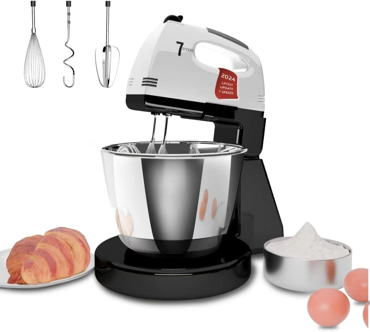 7-Speed Stand Mixer with 3QT Stainless Steel Bowl - Includes Dough Hook, Whisk & Mixing Beater - Perfect for Baking Cakes, Cookies & Kneading Dough - Home Kitchen Essential for Bakers & Cooking Enthusiasts