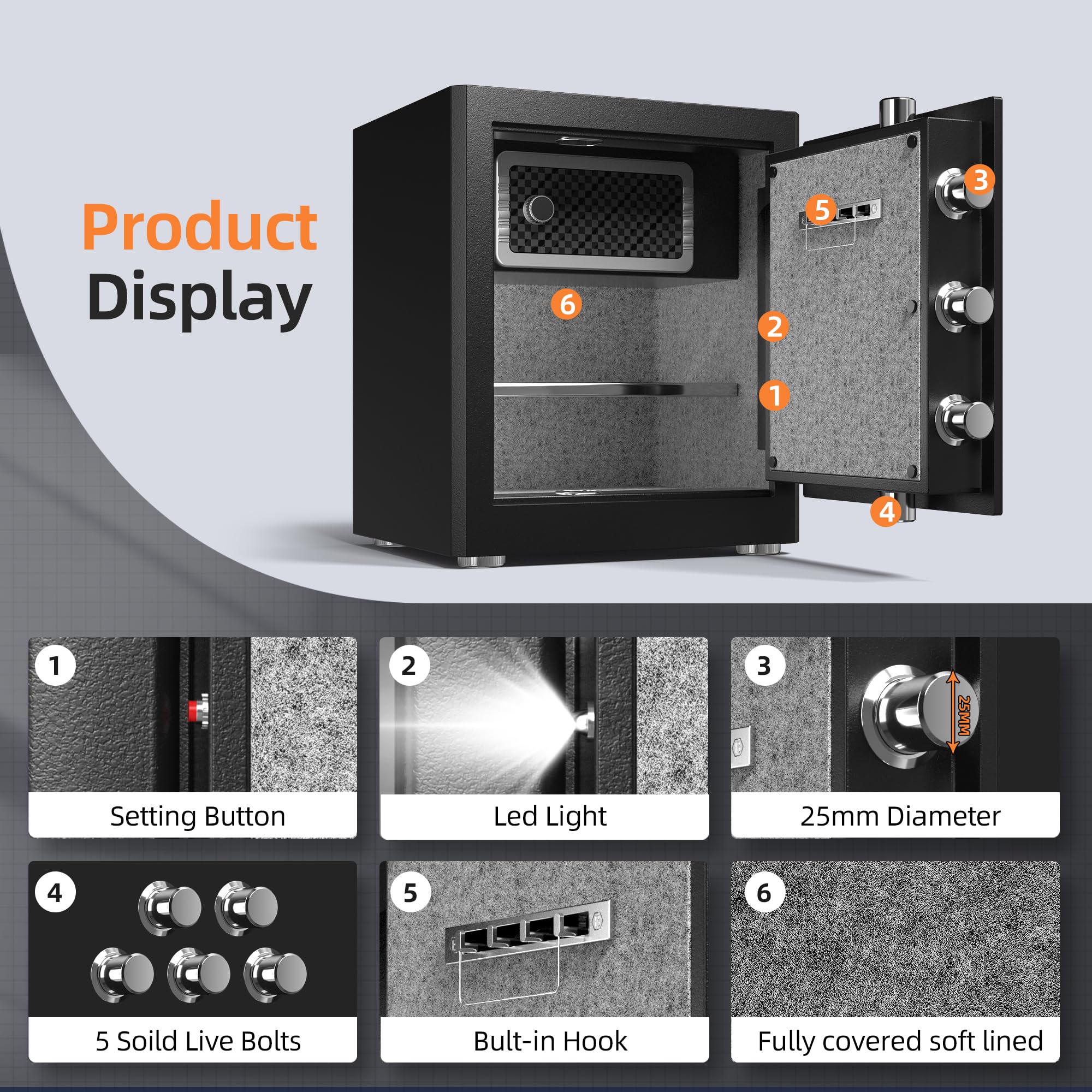 HSDYS Biometric Fingerprint Safe - 1.9 Cubic Feet Home Security Safe Box with Digital Keypad & Steel Lock | Fireproof & Theft Proof for Cash, Jewelry, Documents | Ideal for Home, Office, Hotel & Travel Use