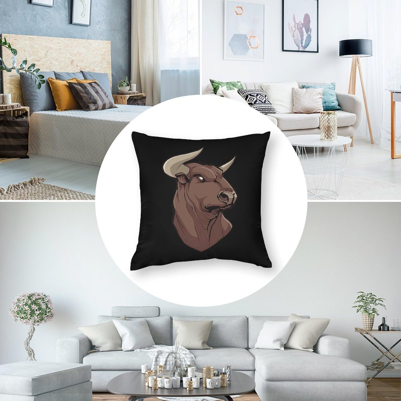 Premium Bull Head Polyester Pillow Cases - Soft & Smooth 16x16 Inch Cushion Covers for Sofa, Bed, or Couch - Elegant Home Decor for Living Room & Bedroom