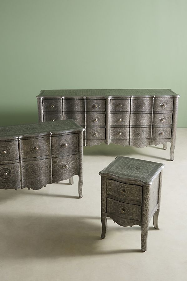 Hand Embossed 6-Drawer Dresser - Silver Metal Indian Style Chest of Drawers for Bedroom Storage & Home Decor