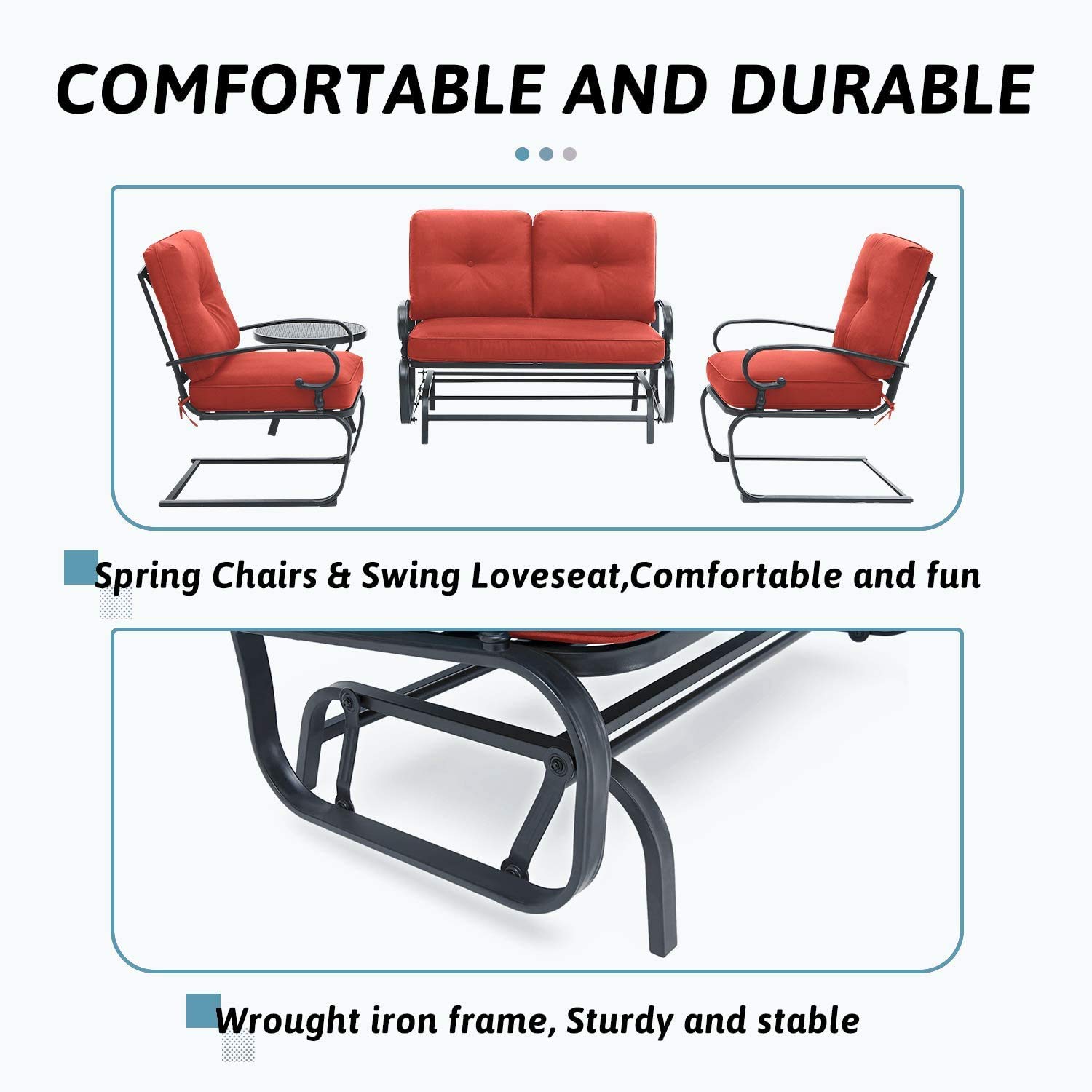 SOLAURA 4-Piece Outdoor Patio Furniture Set - Red Swing Glider Loveseat with 2 Spring Lounge Chairs & Side Table - Perfect for Garden, Deck, Balcony, Poolside & Backyard Relaxation