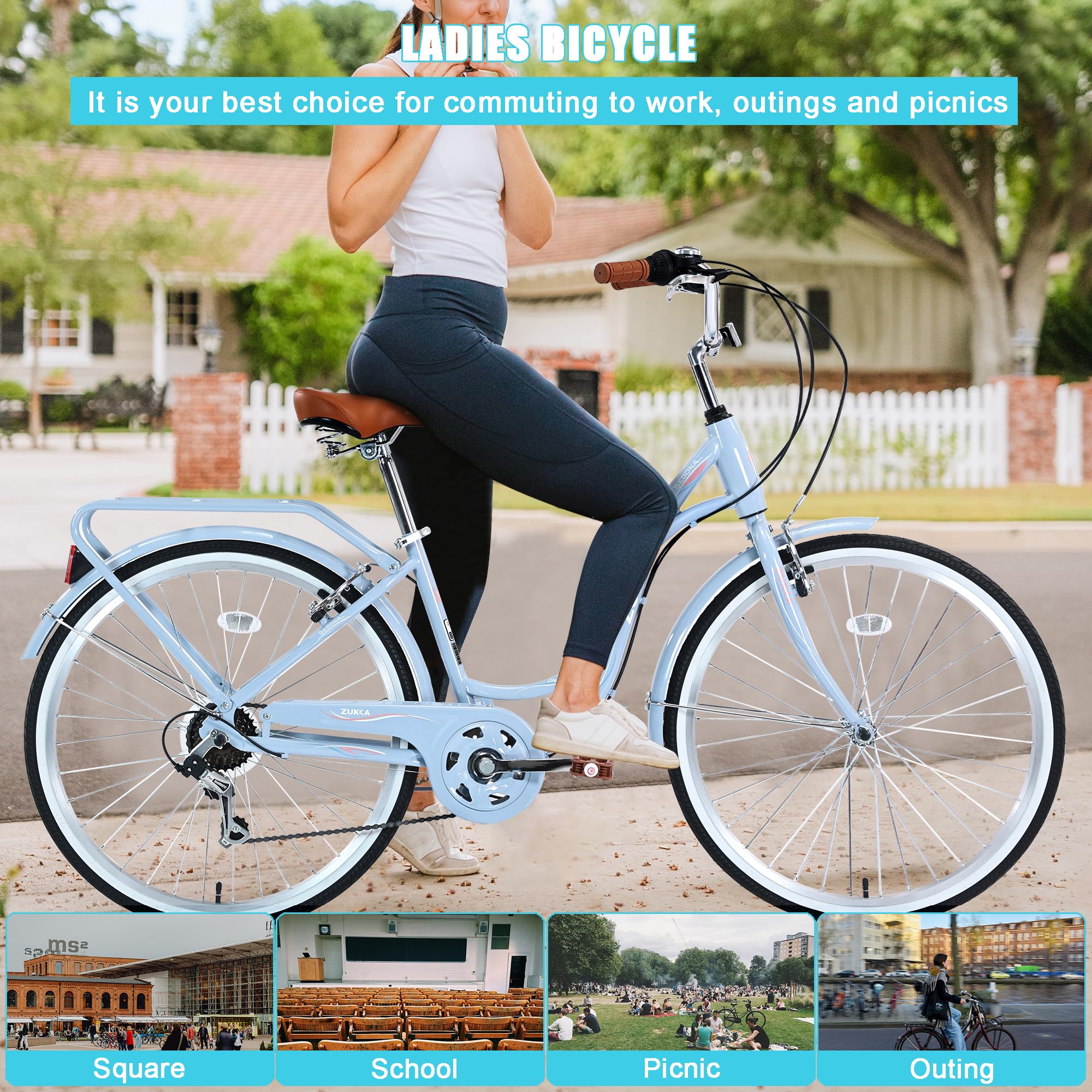26 Inch Women's Beach Cruiser Bike - 7-Speed Step-Through Commuter Bicycle with Adjustable Seat, Lightweight Steel Frame in Blue | Perfect for Coastal Rides, City Commuting & Leisure Cycling
