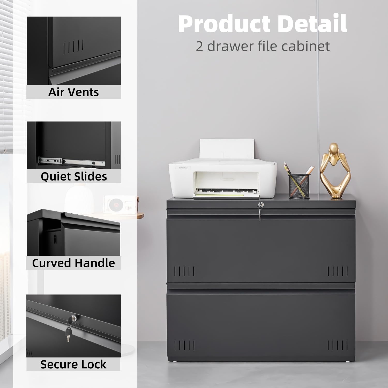 2 Drawer Lateral File Cabinet with Lock - Home Office Storage for A4, Letter & Legal Size Folders - Black Filing Cabinet for Documents, Printer Stand & Office Organization
