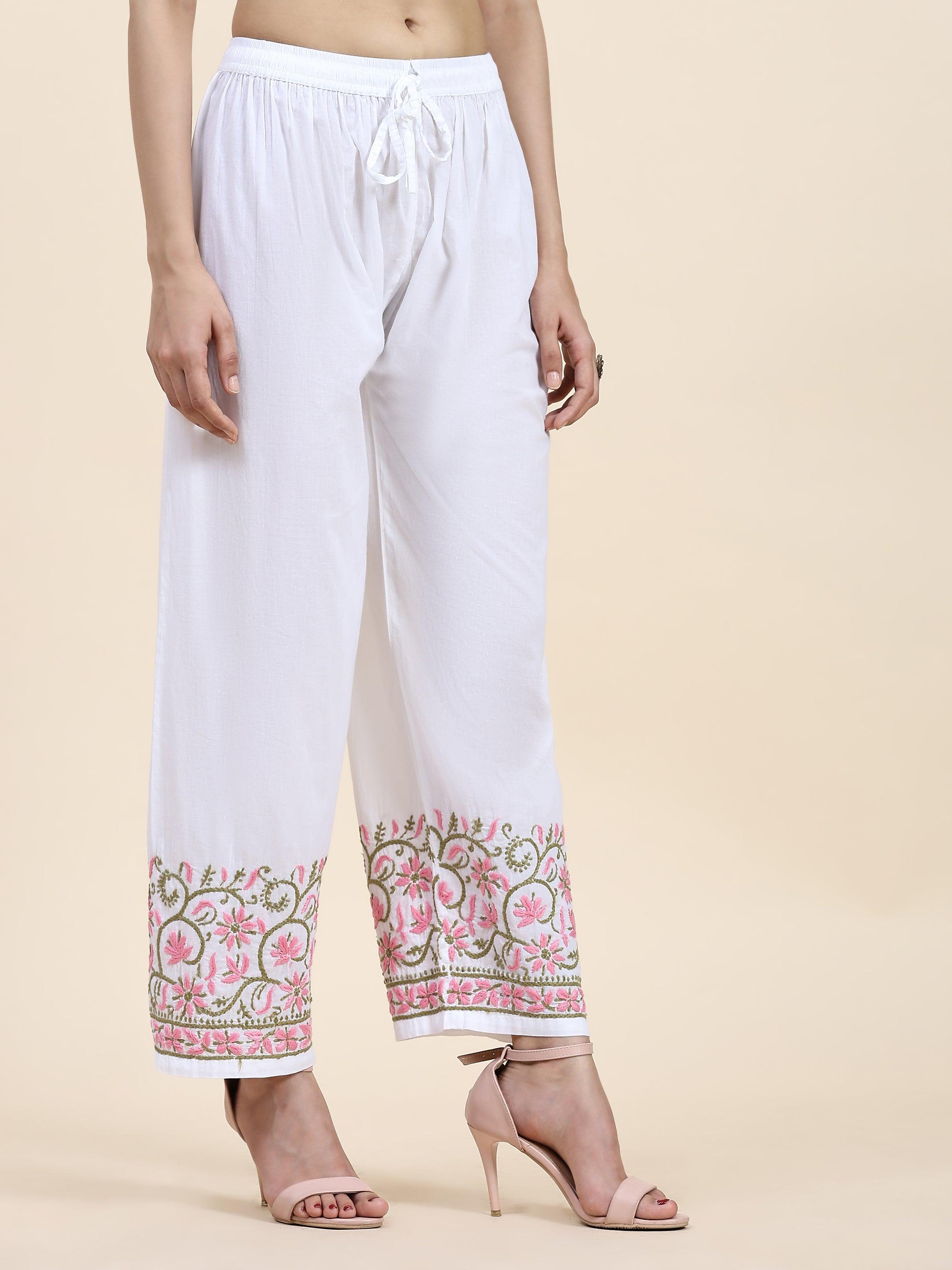 Samma Chikankari Hand Embroidery Cotton Pants for Women - Multi-Color Traditional Indian Trousers for Casual Wear & Festive Occasions