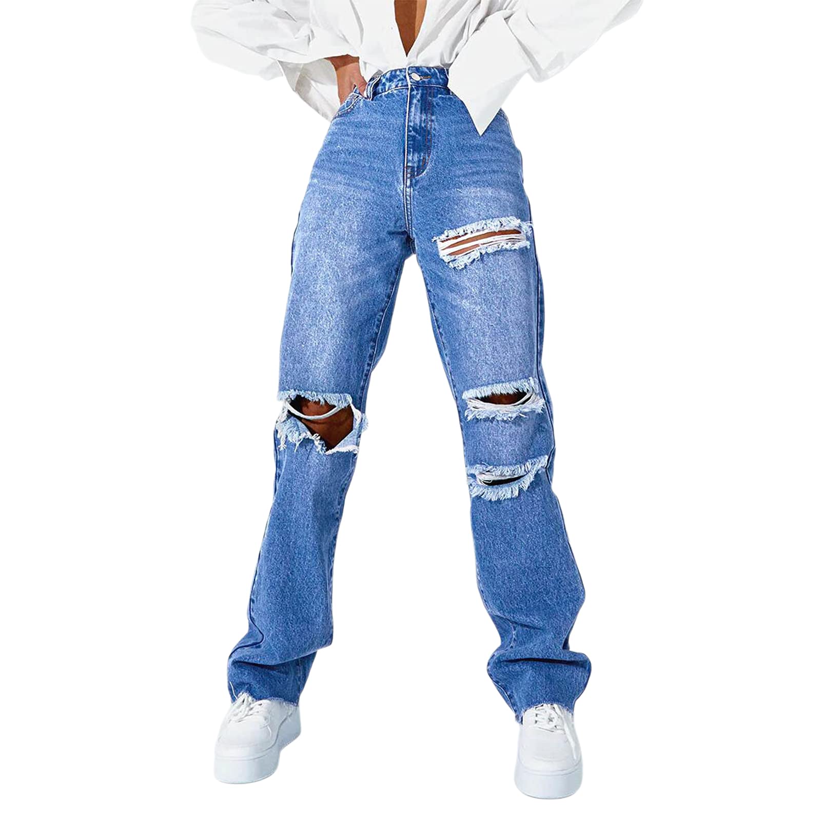 FOMOYUU High Waist Ripped Boyfriend Jeans for Women - Y2K Vintage Distressed Denim Pants with Hollow Out Design | Perfect for Casual Wear, Street Style & Teen Girls Fashion