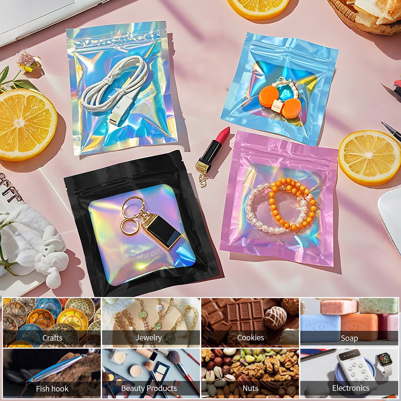 100-Pack Smell Proof Resealable Mylar Bags - 4.7x7 Inch Holographic Ziplock Food Storage Pouches for Snacks, Herbs & Party Favors | Airtight, Odor-Proof & Moisture-Resistant Packaging for Cannabis, Coffee & Travel Essentials