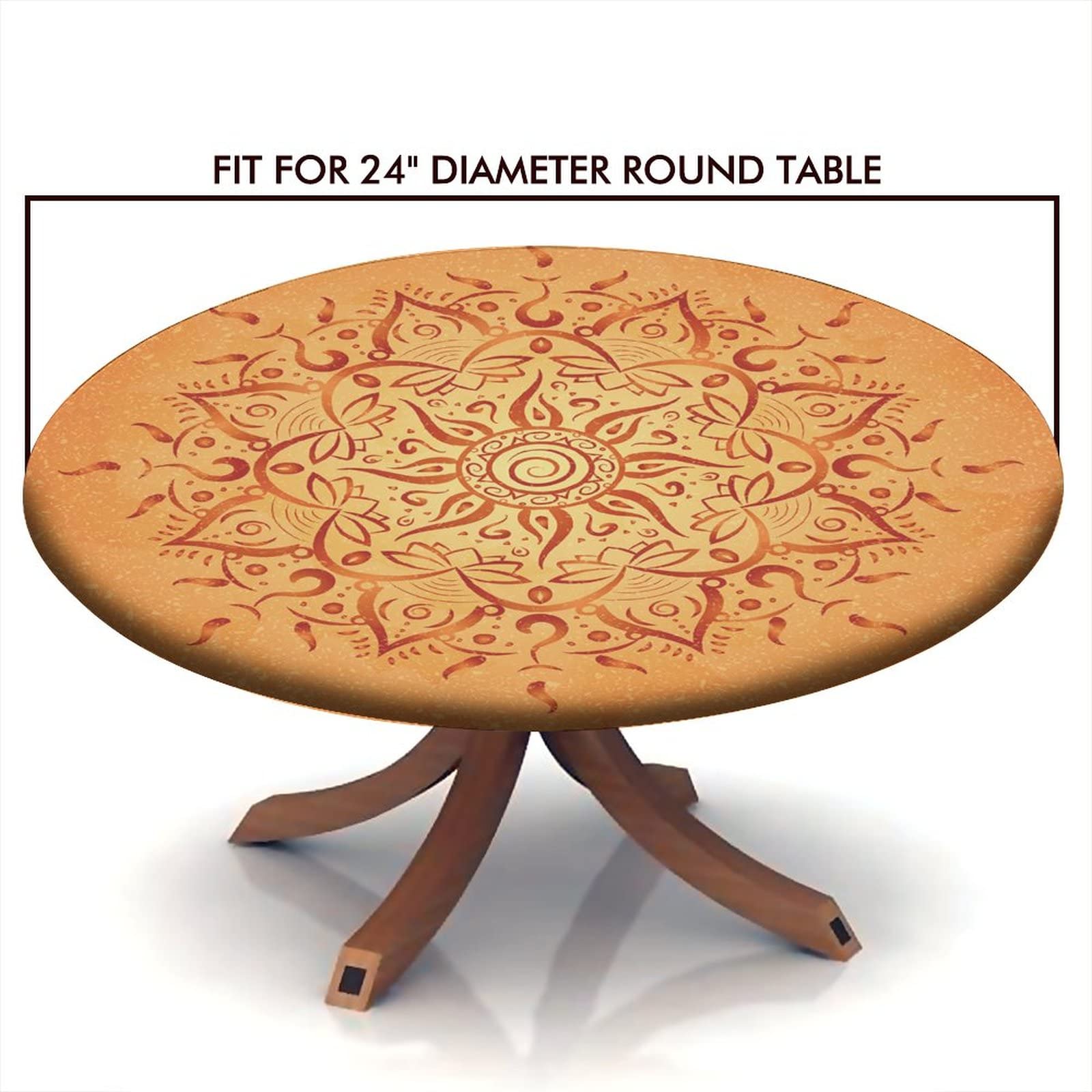 Boho Round Tablecloth - Elastic Edged Fitted Cover for 24 Inch Tables - Waterproof, Oil Proof & Stain Resistant - Orange - Perfect for Outdoor Dining, Picnics & Boho Home Decor