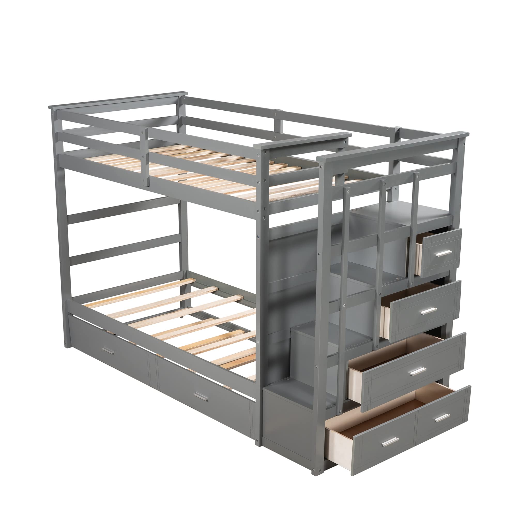Twin Over Twin Trundle Bunk Bed with Staircase & Storage Drawers - Space-Saving Kids Bedroom Furniture for Small Rooms, Sleepovers & Guest Rooms (Gray)