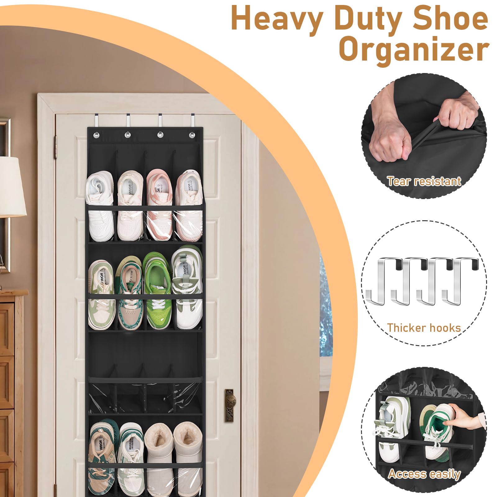 20 Pairs Over the Door Shoe Organizer - Hanging Shoe Rack for Closet with Deep Pockets - Space Saving Storage for Boots, Sneakers (Up to Size 13) - Perfect for Bedroom, Entryway, and Dorm Organization - Black