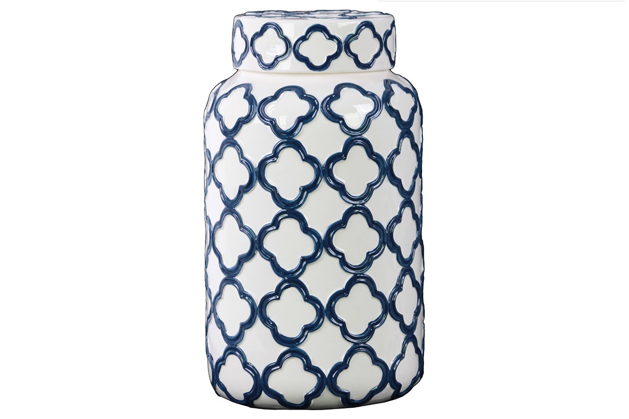 Large White Coated Ceramic Canister with Embossed Quatrefoil Design & Lid - Perfect for Kitchen Storage, Pantry Organization & Countertop Decor