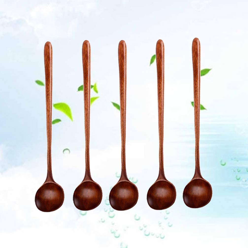 5-Piece Korean Style Natural Wooden Stirring Spoons Set - Long Handle Wood Soup Ladle for Cooking, Serving - Ideal for Home Kitchen, Restaurant & Cafes