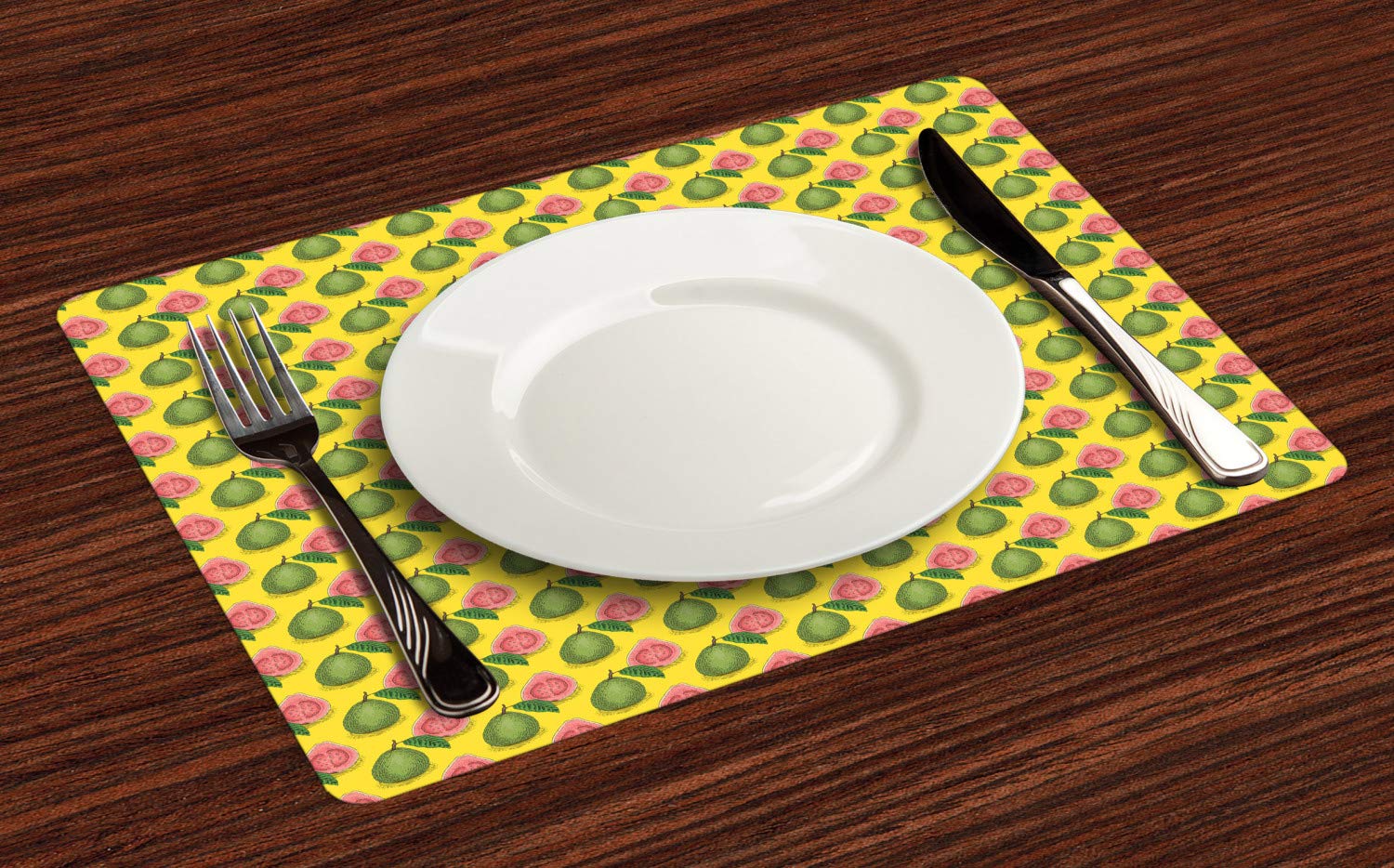 Ambesonne Tropical Place Mats Set of 4 - Hand Drawn Guava Fruits with Fresh Leaves Design, Washable Fabric Dining Table Mats, Standard Size (Yellow Green & Pale Pink) - Perfect for Kitchen, Dining Room, and Outdoor Picnics