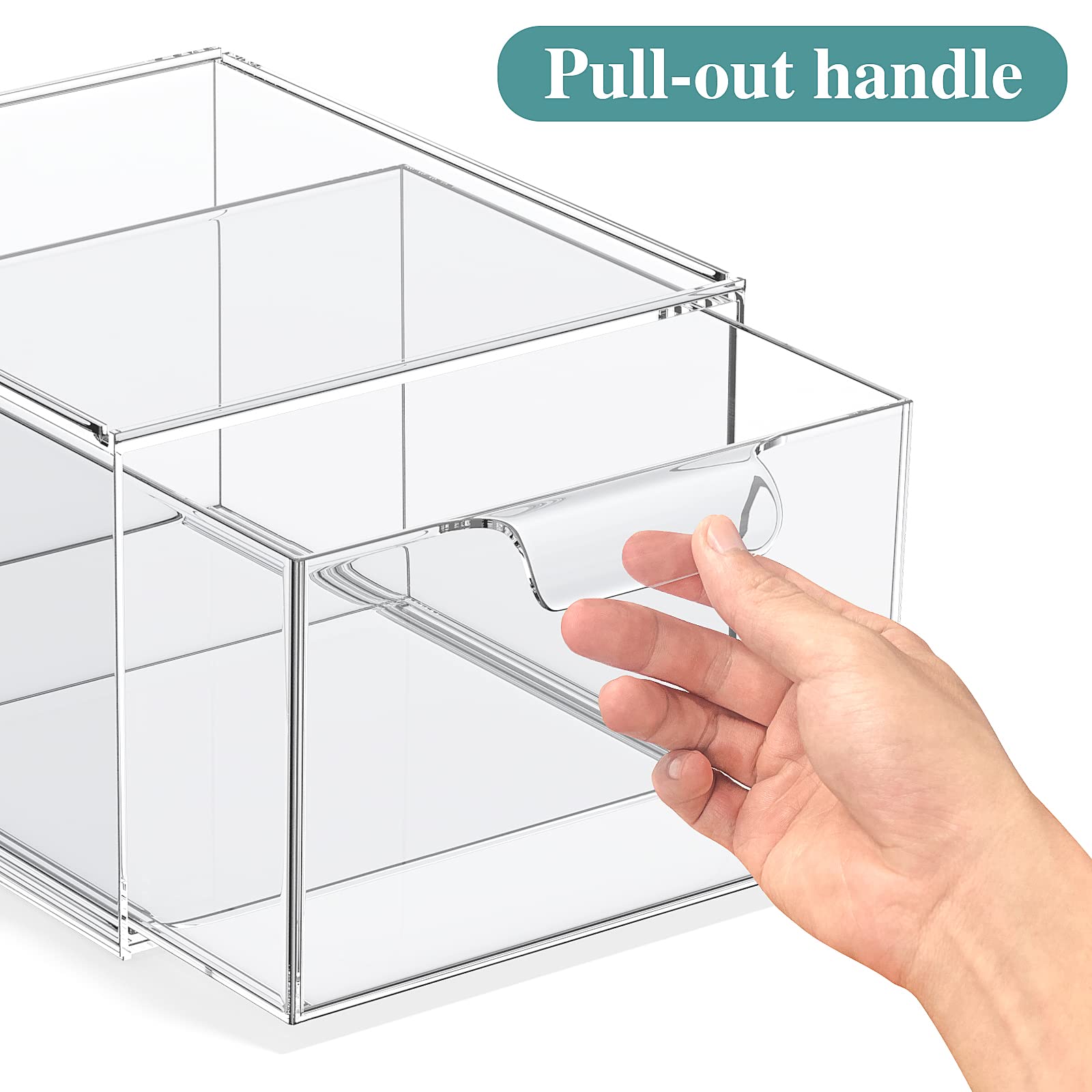 4 Pack Clear Acrylic Stackable Makeup Organizers with Handles - Plastic Storage Drawers for Vanity, Bathroom, Kitchen & Pantry Organization - Perfect for Cosmetics, Jewelry, Utensils & Small Item Storage