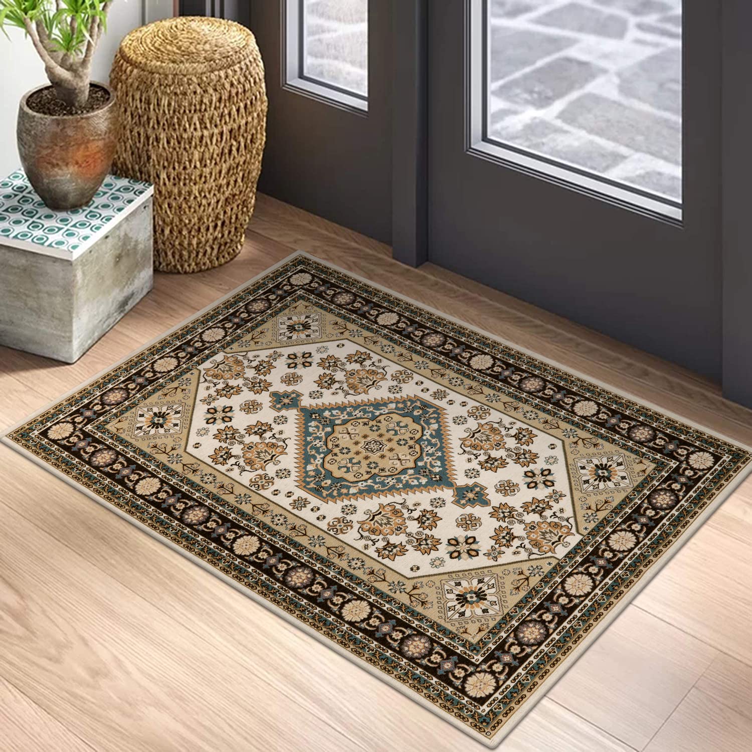 Non-Slip Traditional Oriental Doormat 2'x3' - Durable Woven Low-Pile Washable Entryway Rug with Brown Medallion Design for Front Door, Kitchen, Back Door & Home Decor | Perfect for High-Traffic Areas & Mudroom Protection