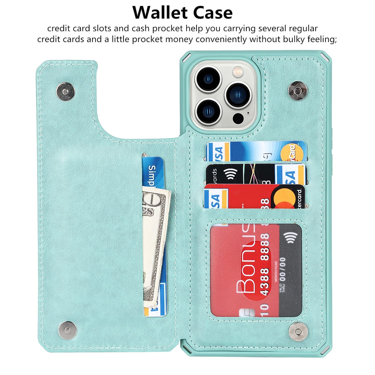 iCoverCase iPhone 13 Pro Max Wallet Case with Card Holder & RFID Blocking - 6.7 Inch PU Leather Phone Cover with Wrist Strap for Women | Embossed Mandala Mint Design | Perfect for Travel, Shopping & Everyday Use