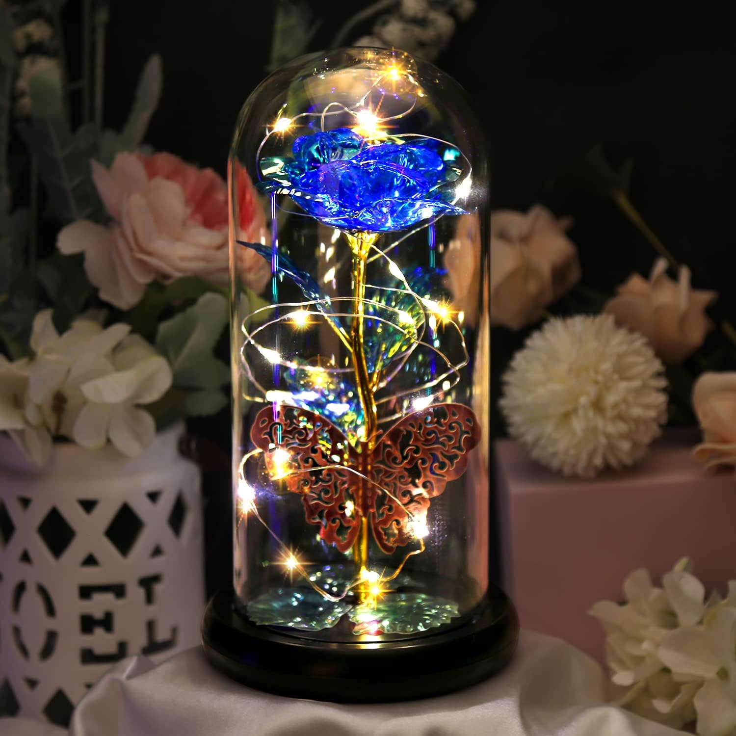 Eternal Rose in Glass Dome - Galaxy Blue Rose Gift for Women, Beauty and The Beast Inspired, Light Up Rose with Butterfly for Mother's Day, Birthday, Christmas, Wedding & Valentine's Day - Perfect Romantic Home Decor & Special Occasion Gift