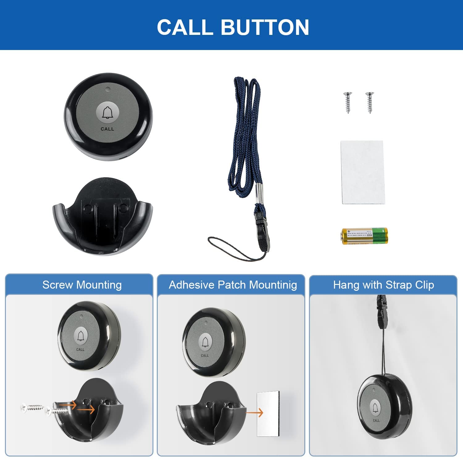 Wireless Call Buttons for Nursing Home & Restaurant - 2 Pack Nurse Call System for Seniors, Patients & Customers - Elderly Care & Customer Service Alert Device (Black) - Ideal for Hospitals, Clinics, Assisted Living & Dining Establishments