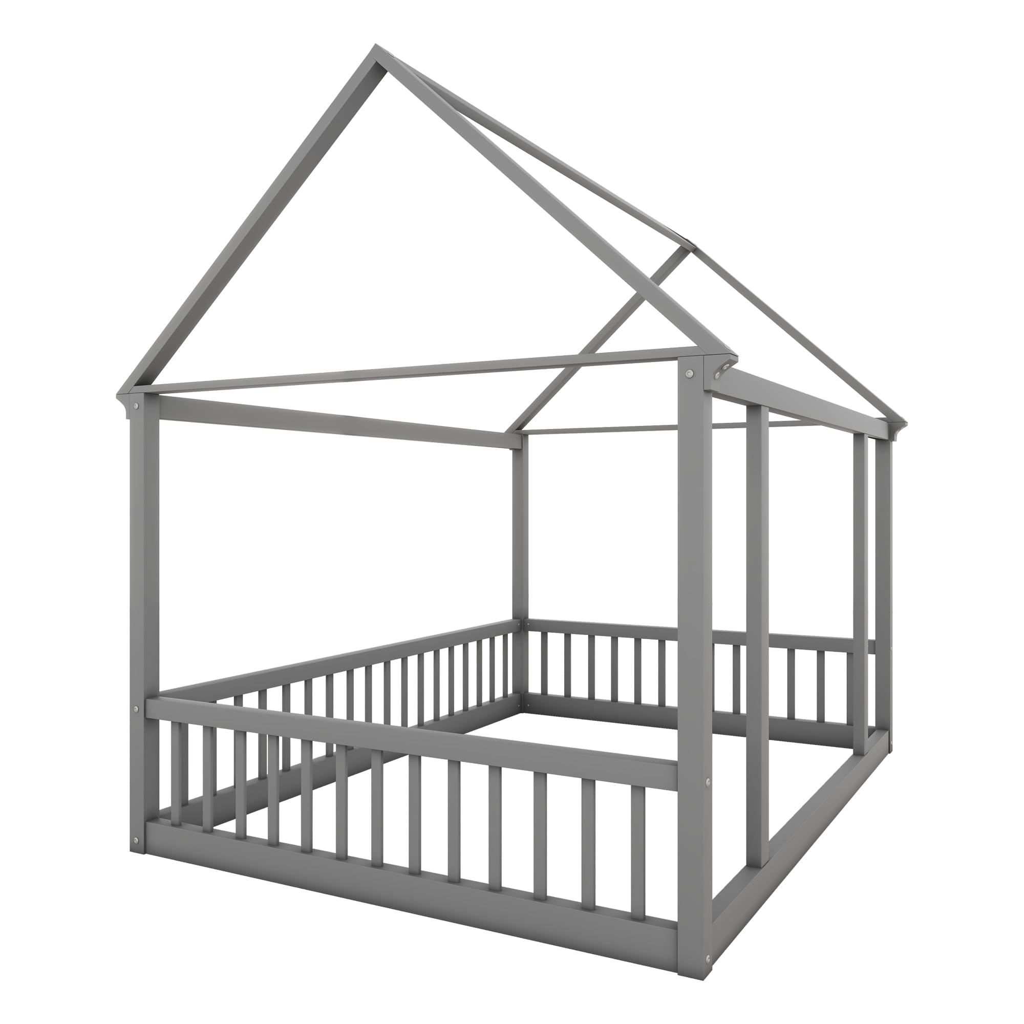 Bellemave Full Size Wooden Floor Bed for Kids - Montessori House Bed Frame with Safety Fence, Playhouse Design for Boys & Girls (Gray) - Perfect for Bedrooms, Playrooms & Montessori Learning Spaces
