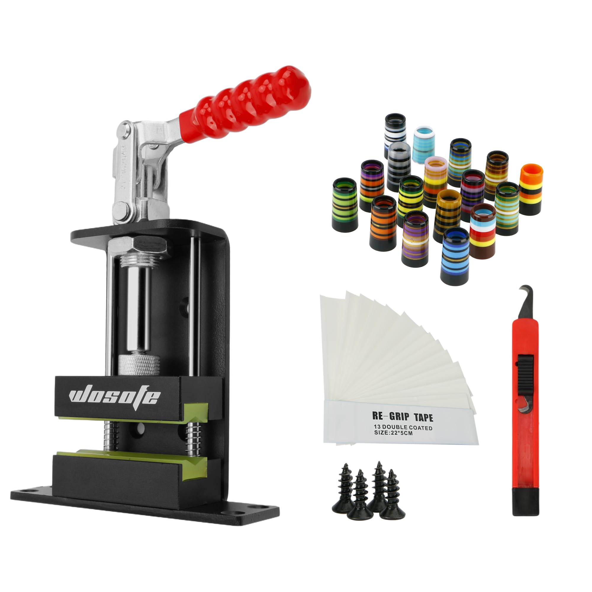 Wosofe Golf Club Regrip Vise Tool - Rubber Grip Vise Clamp & Golf Club Gripping Station for Golf Workshop Supplies | Includes Regripping Kit with 17 Ferrules for Irons, Hook Knife & Grip Tape | Perfect for Golf Club Maintenance & DIY Repairs
