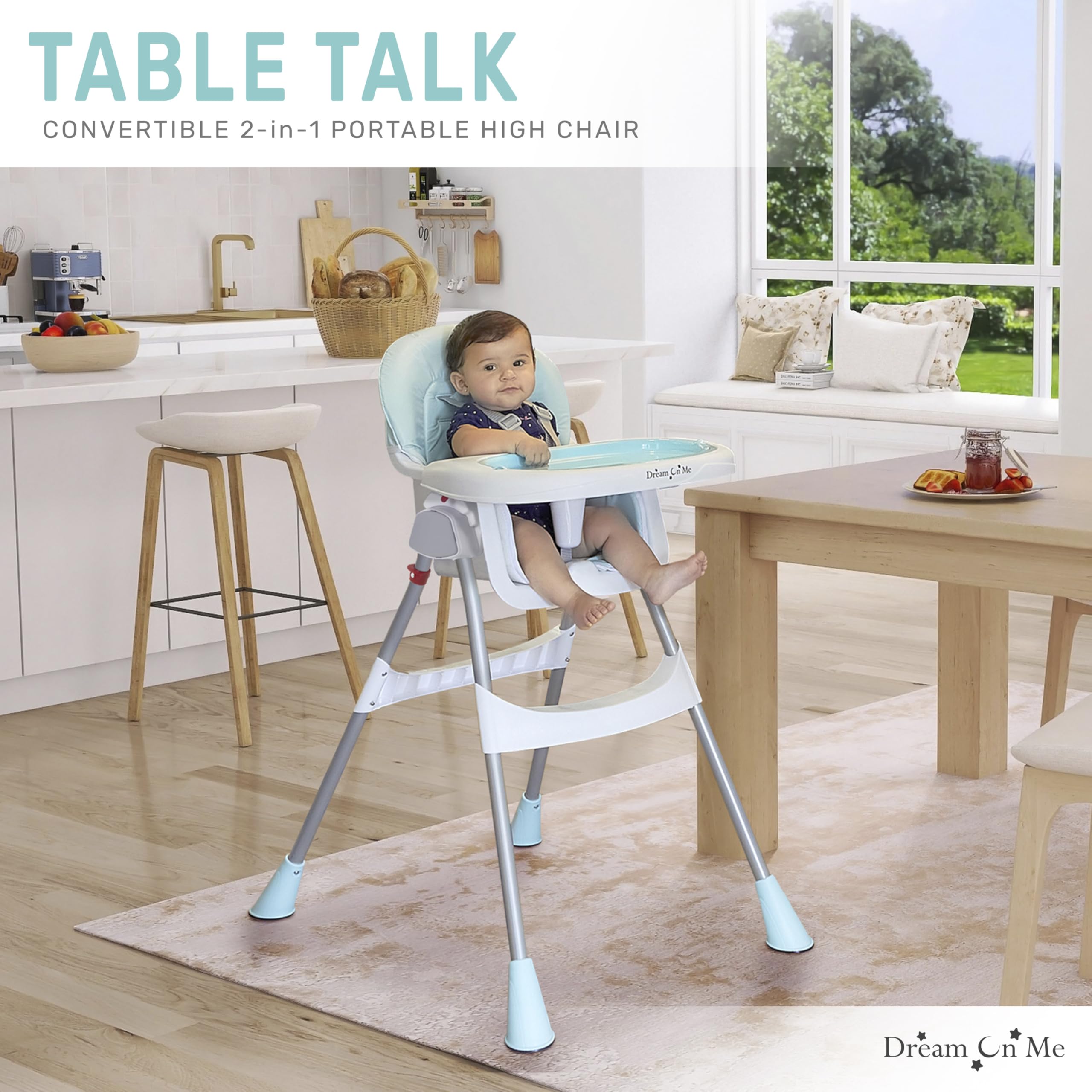 Dream On Me 2-in-1 Portable High Chair with Adjustable Height - Aqua Baby Dining Chair with Removable Tray | Lightweight & Easy Clean for Home, Travel & Outdoor Use