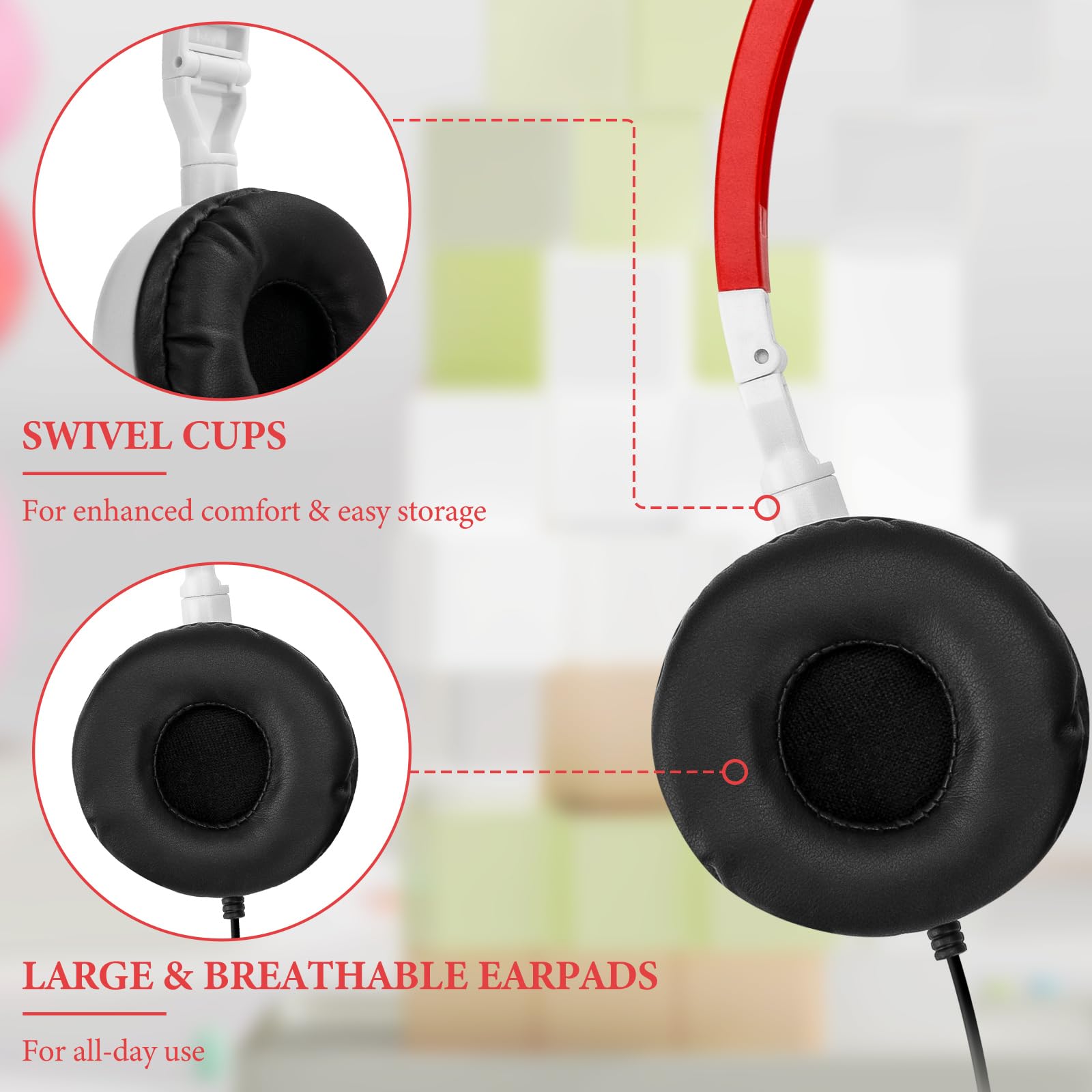 Geekria 24 Pack Adjustable On-Ear Wired Headphones for Kids - Bulk Classroom Headphones for School, Library & Computer Lab Use - Durable Student Headset for Learning & Online Classes