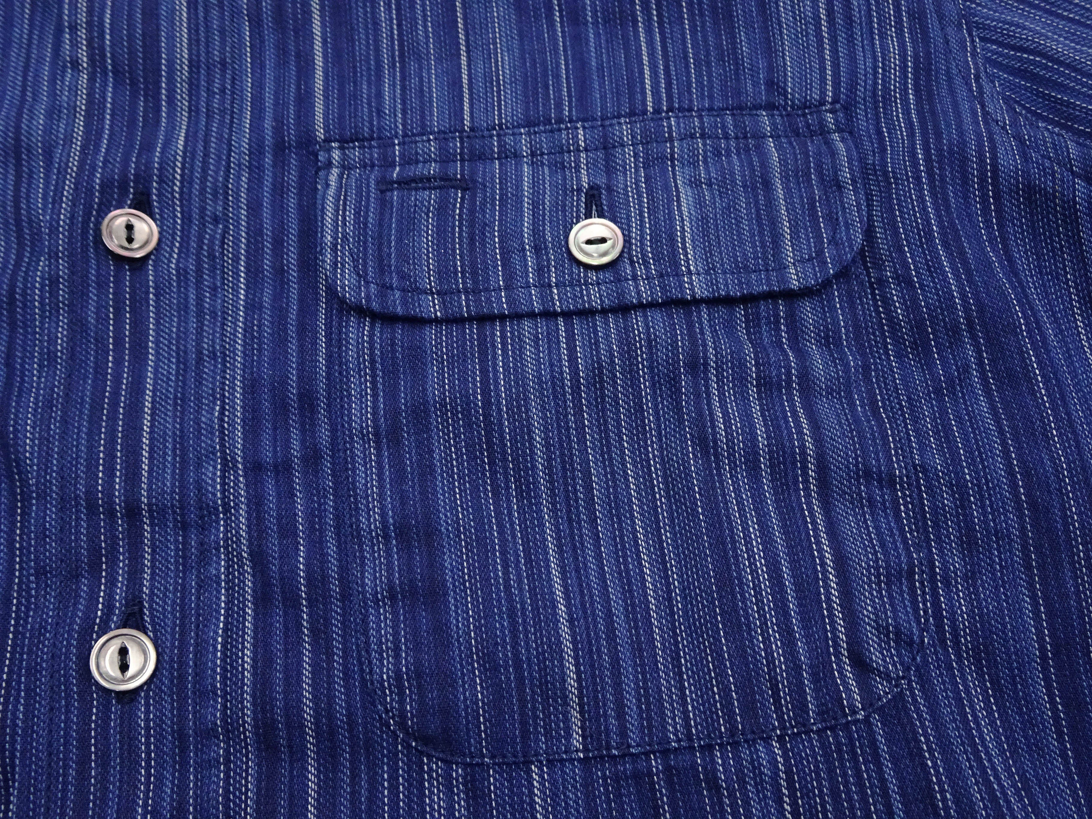 Japanese Kasuri Style Men's Long Sleeve Button-Up Work Shirt - Indigo Stripe Sugar Cane Fabric - Comfortable Casual & Office Wear - Perfect for Work, Date Night, and Outdoor Activities (Navy Blue)