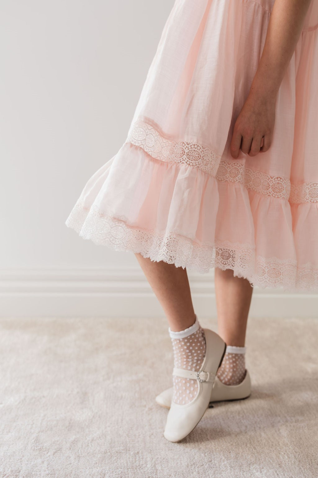 Petite Amalie Short Sleeve Poppy Lace Trim Soft Peach Dress - Perfect for Spring Weddings & Garden Parties