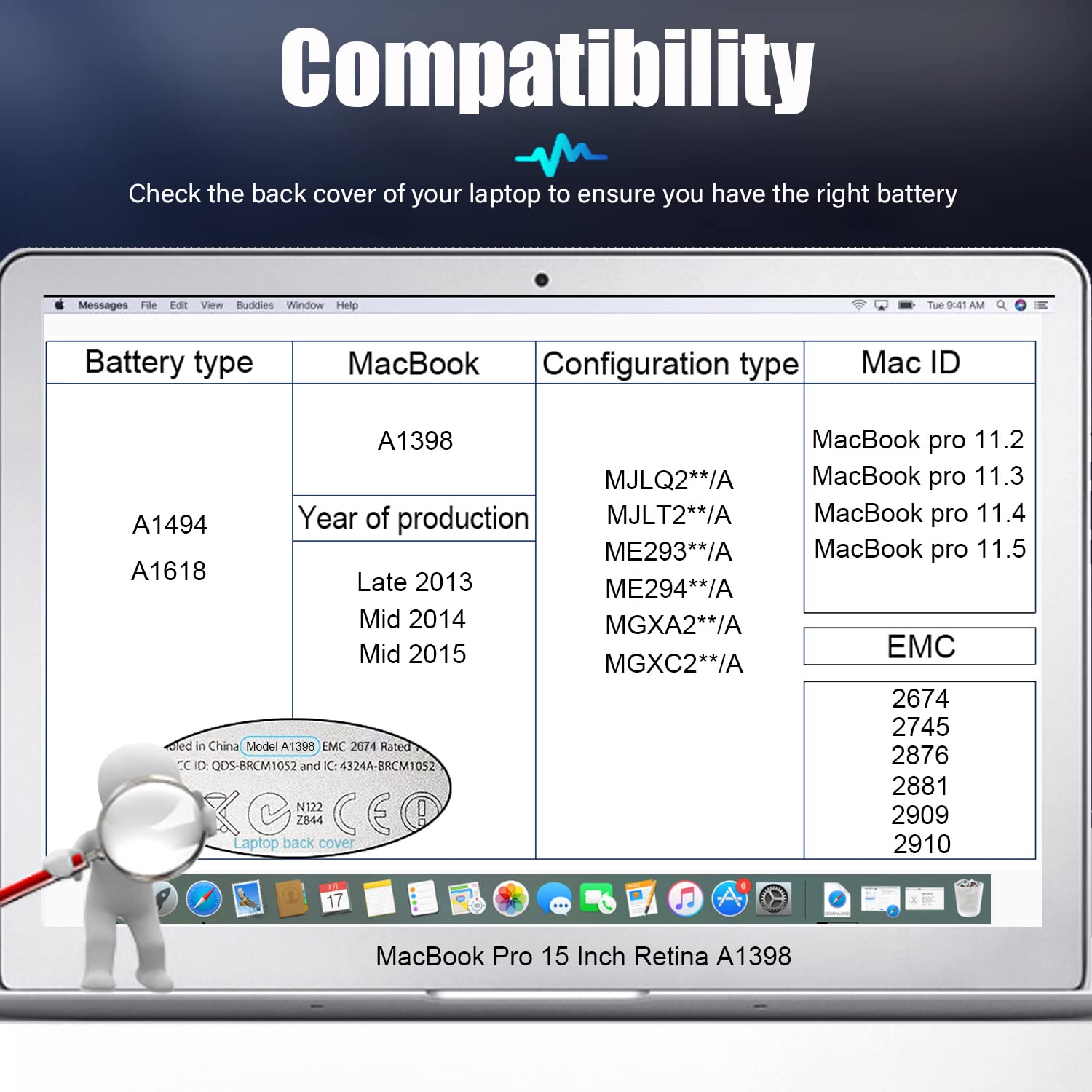 High Capacity 8440mAh A1398 MacBook Pro Battery Replacement for 15-inch Retina Models (Late 2013, Mid 2014, Early 2015) - Compatible with A1494 & A1618 - Perfect for Work, Travel & Long-Lasting Performance