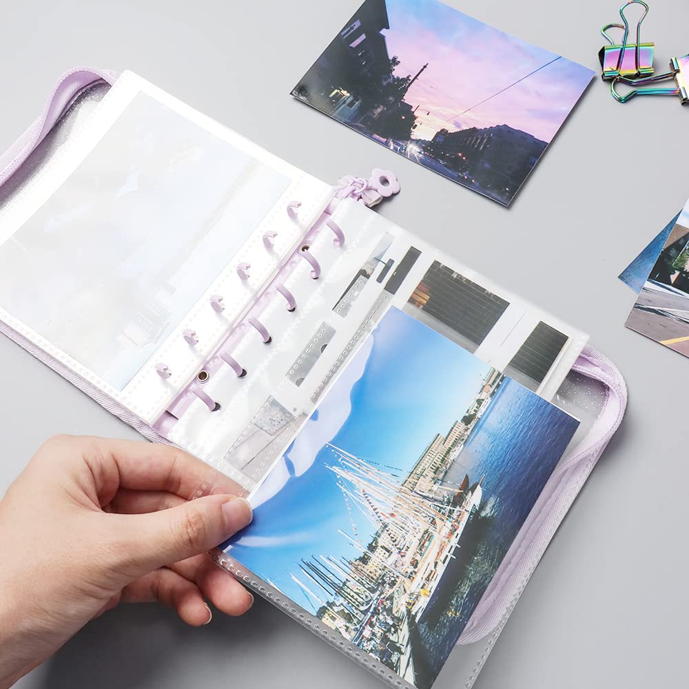 Glitter A7 Wide 6-Ring Zipper Binder - Purple PVC Photocard Album with 25 Clear Pocket Sheets & 1 Organizer Pouch | Perfect for Kpop Photocards, Trading Cards, and Memory Scrapbooking
