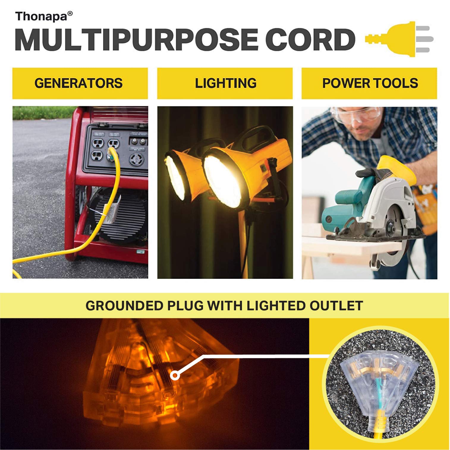 **100 ft Heavy Duty 12 Gauge 15 Amp Outdoor Extension Cord with 3 Outlets & Light - SJTW Yellow - Ideal for Power Tools, Garden Equipment, and Major Appliances - Perfect for Construction, Landscaping, and Outdoor Events**