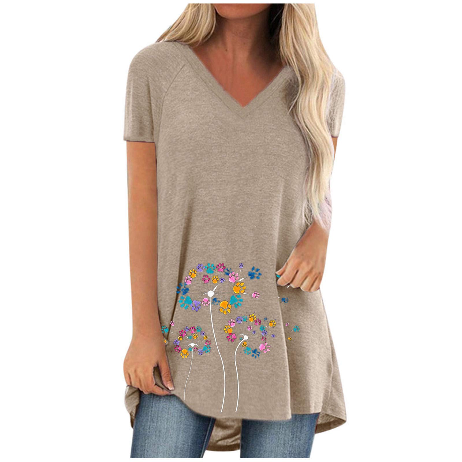 Plus Size Women's Casual V-Neck Short Sleeve Blouse - Flowy Loose Fit Printed Long T-Shirt Top in White | Perfect for Summer Outfits, Beach Wear & Everyday Comfort