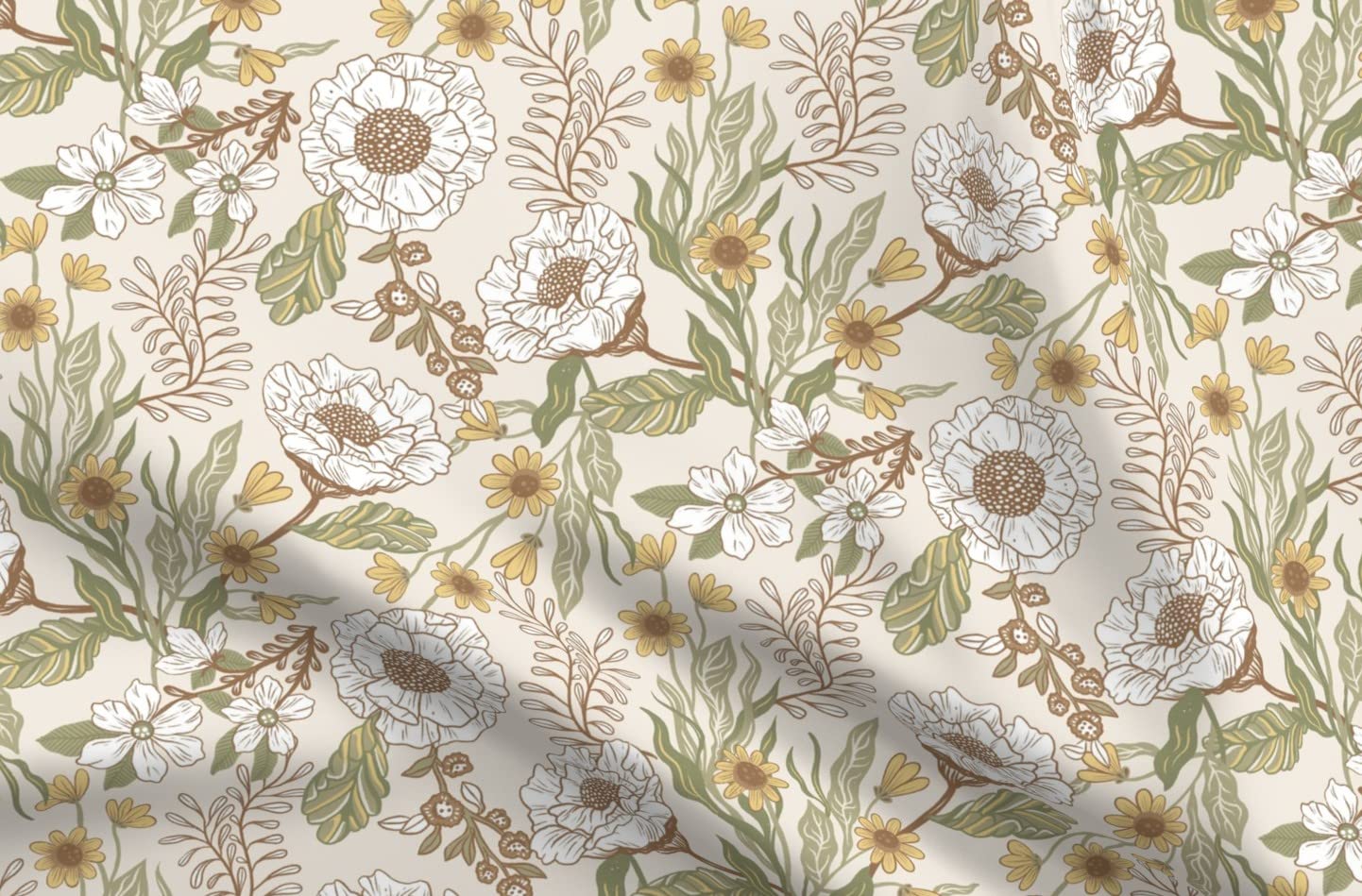 Bohemian Floral Sage Green Coffee Tone Printed Organic Cotton Sateen Fabric by The Yard - Perfect for Sewing, Quilting, Apparel & Home Decor - Spring Elegant Whimsical Design for Dresses, Curtains & DIY Crafts