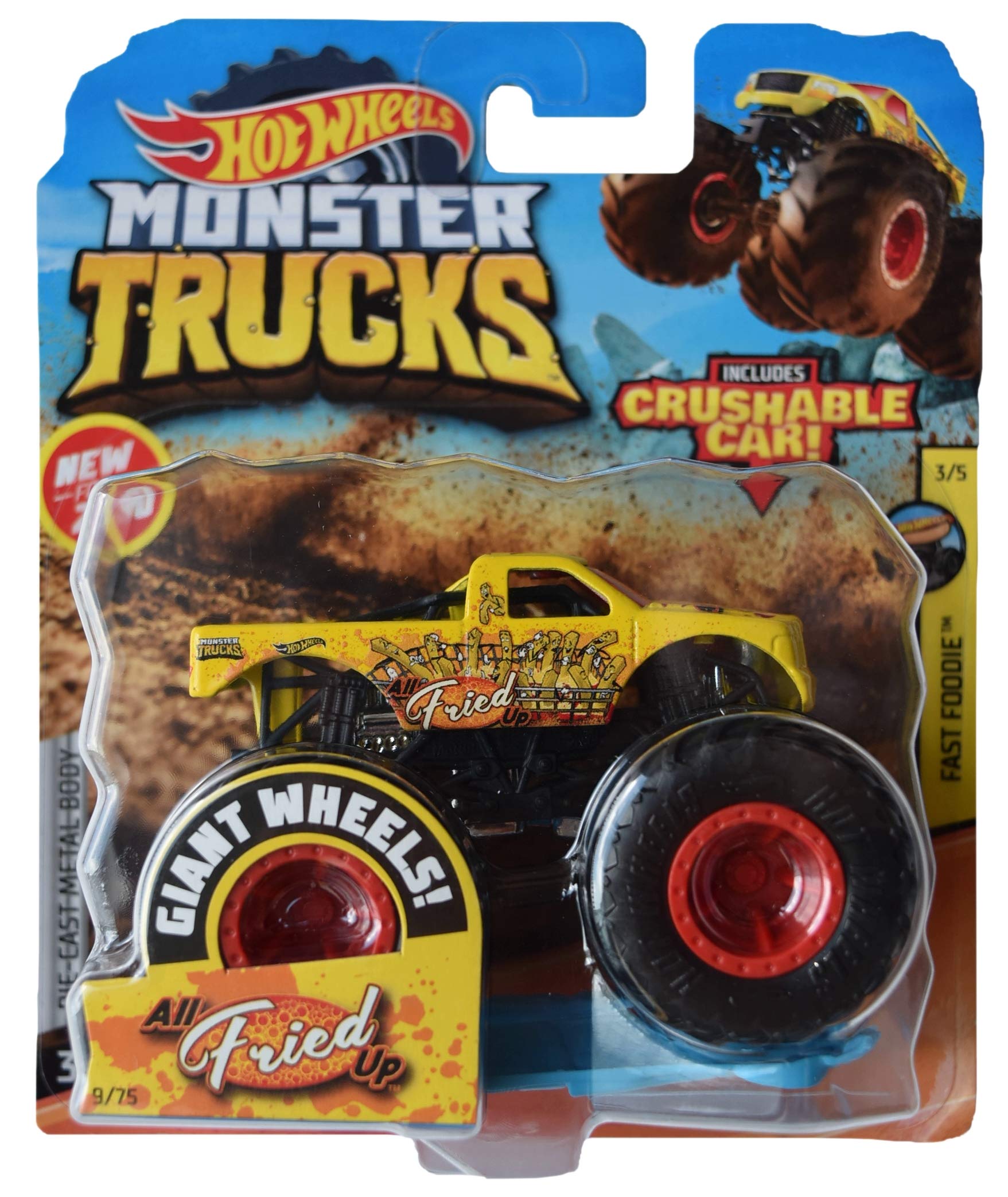 Hot Wheels Monster Trucks All Fried Up with Crushable Car - Yellow Die-Cast Toy Truck for Kids & Collectors - Perfect for Playtime, Birthday Gifts & Car Racing Battles