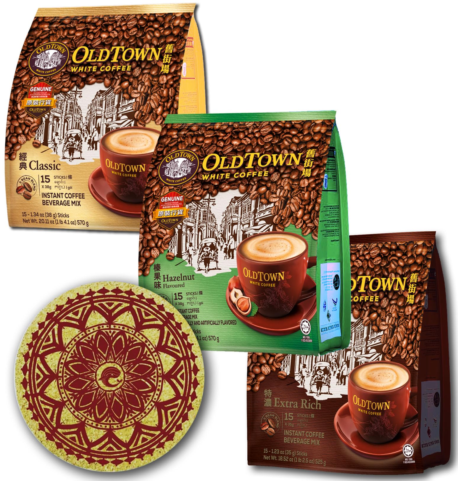 Old Town 3-in-1 Asian Instant Coffee Mix (45 Packets) - Classic, Hazelnut & Extra Rich Flavors with Eco-Friendly Cork Coasters - Perfect for Office, Home & Travel