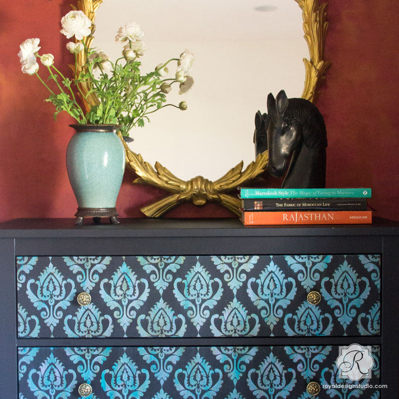 Anika Ikat Damask Furniture Stencil - DIY Home Decor, Wood Painting Template for Tables, Chairs, Cabinets - Perfect for Upcycling Projects & Custom Furniture Design