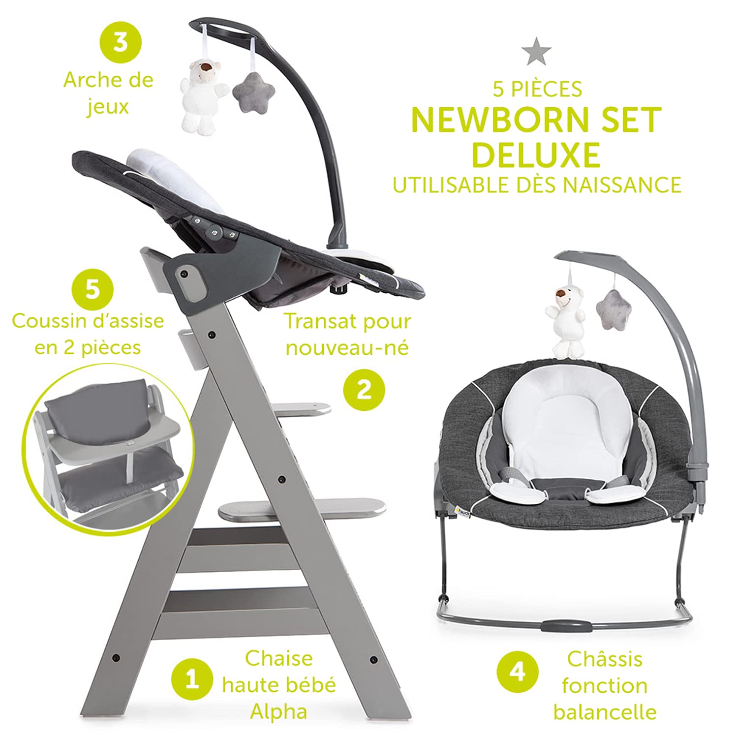 Hauck Alpha Plus Deluxe Adjustable High Chair for Newborns to Toddlers – Reclining Baby Lounger with Seat Cushion, Height Adjustment – Grey – Perfect for Feeding, Playtime & Relaxing at Home