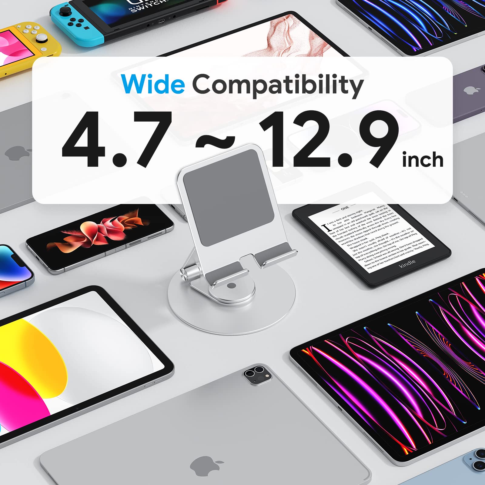 OMOTON 360° Rotating Swivel Tablet Stand - Adjustable & Foldable iPad Holder for iPad Pro/Air/Mini, Drawing, Watching Videos & Reading - Silver (Ideal for Home, Office & Travel Use)