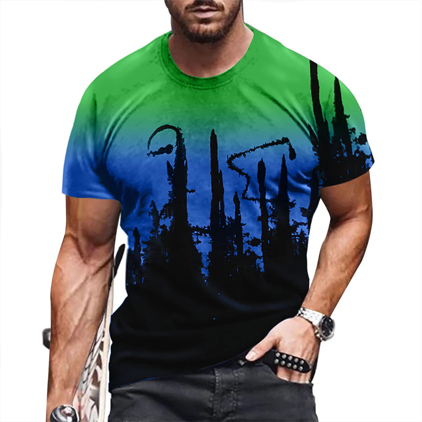 Pinbao Men's 3D Gradient Graphic T-Shirt - Summer Casual Crew Neck for Outdoor & Daily Wear