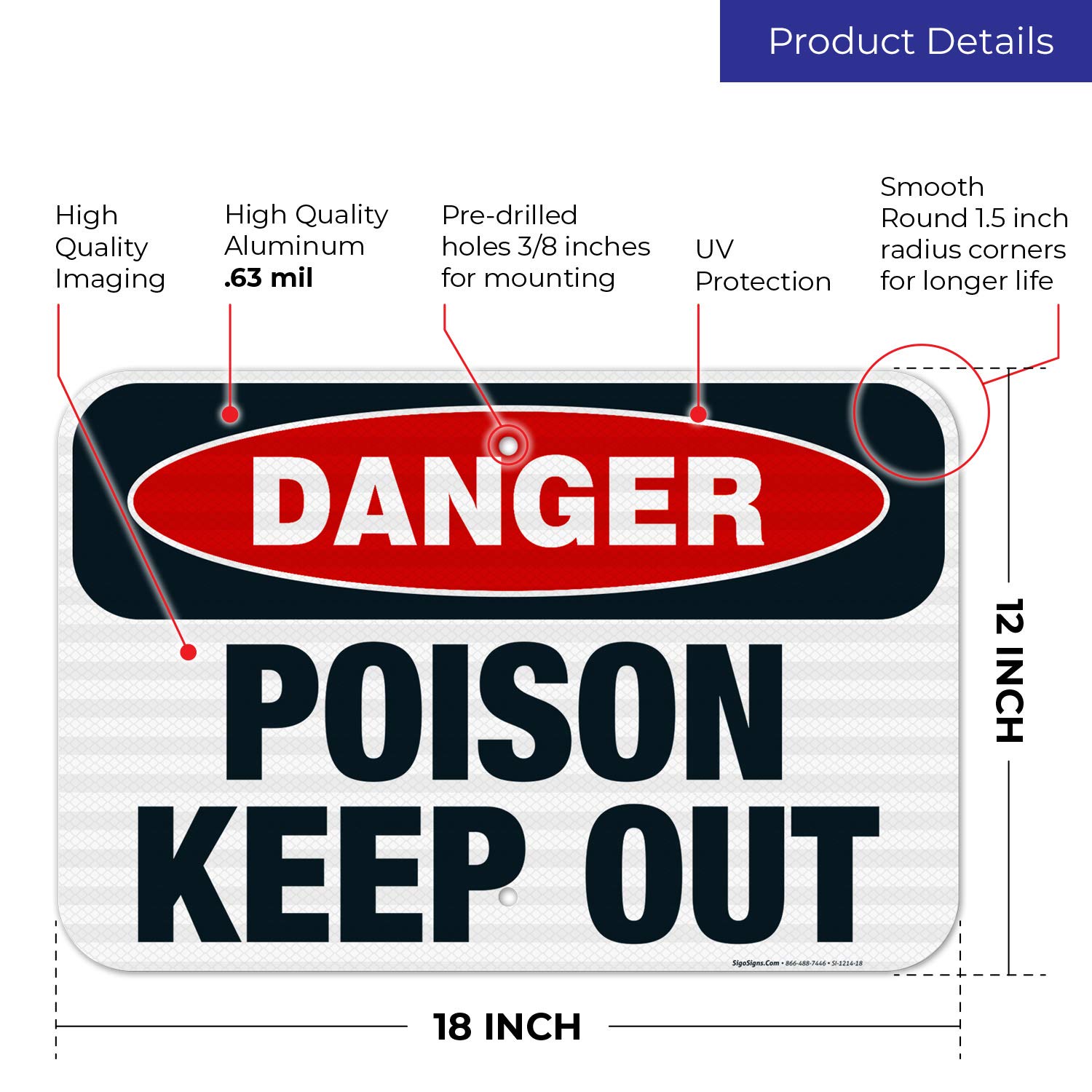Danger Poison Keep Out Sign - OSHA Approved 12x18 Inches, 3M EGP Reflective .063 Aluminum - Fade Resistant for Indoor & Outdoor Use - Made in USA - Perfect for Warehouses, Construction Sites & Hazardous Areas