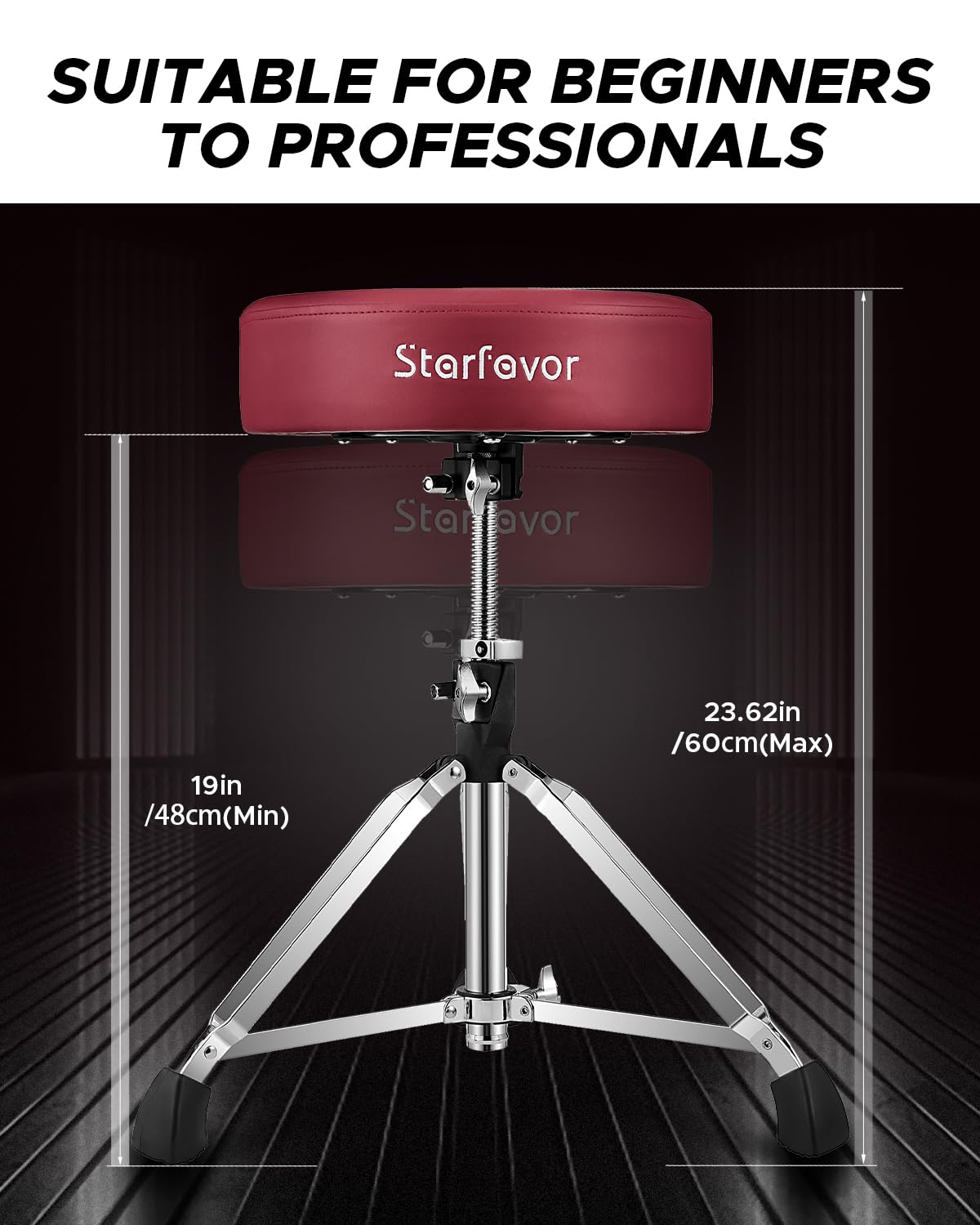 Starfavor Adjustable Drum Throne - Padded Rotatable Drum Stool with Double Braced Anti-Slip Feet, Comfortable Drum Seat for Drummers (Crimson Red, ST-650 Stone) - Perfect for Home Studios, Live Performances & Practice Sessions