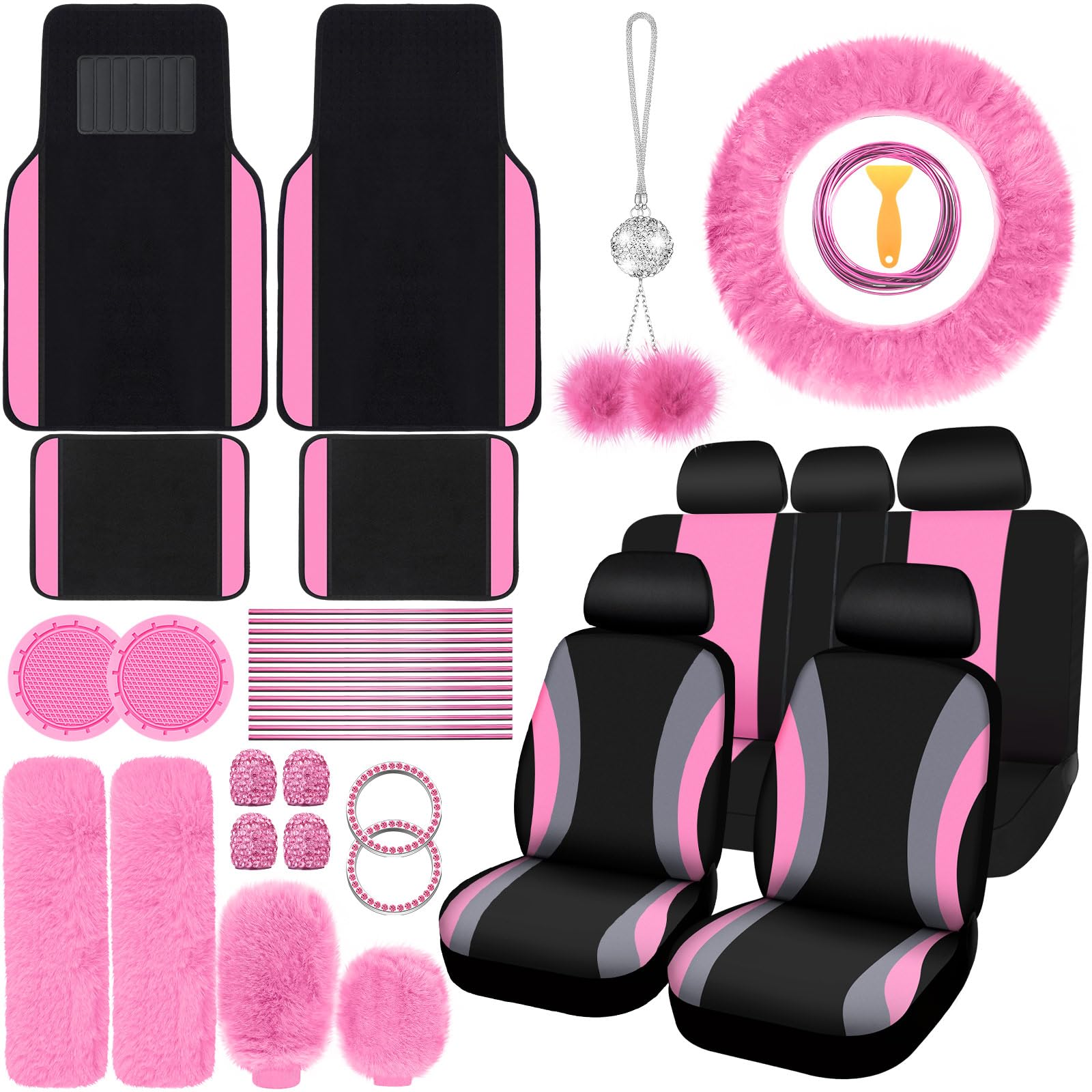 ROCEEI 47-Piece Full Set Car Seat Covers with Fluffy Steering Wheel Cover, Seat Belt Pads & Floor Mats - Premium Car Accessories for Front & Rear Seats (Black & Pink) | Ultimate Comfort & Protection for Daily Commute, Road Trips & Family Travel