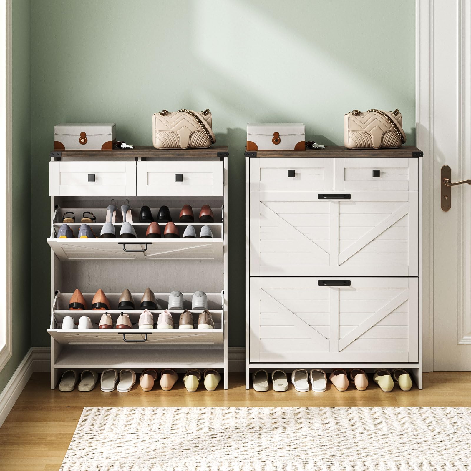 Farmhouse Shoe Storage Cabinet with 2 Flip Drawers & 2 Drawers - Slim Freestanding Entryway Organizer for Front Door - White | Perfect for Small Spaces, Hallway & Apartment Entry Organization