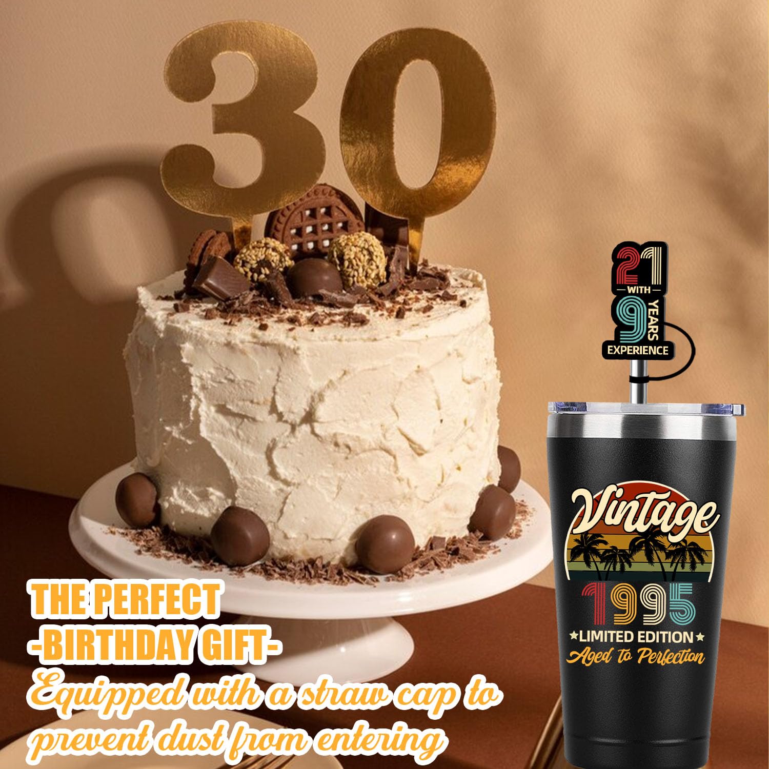 Vintage 30th Birthday Thermos Cup 20oz - Funny 1995 Themed Gift for Men & Women - Insulated Travel Mug with Brush Straw & Straw Cap - Perfect for Office, Gym & 30th Birthday Parties