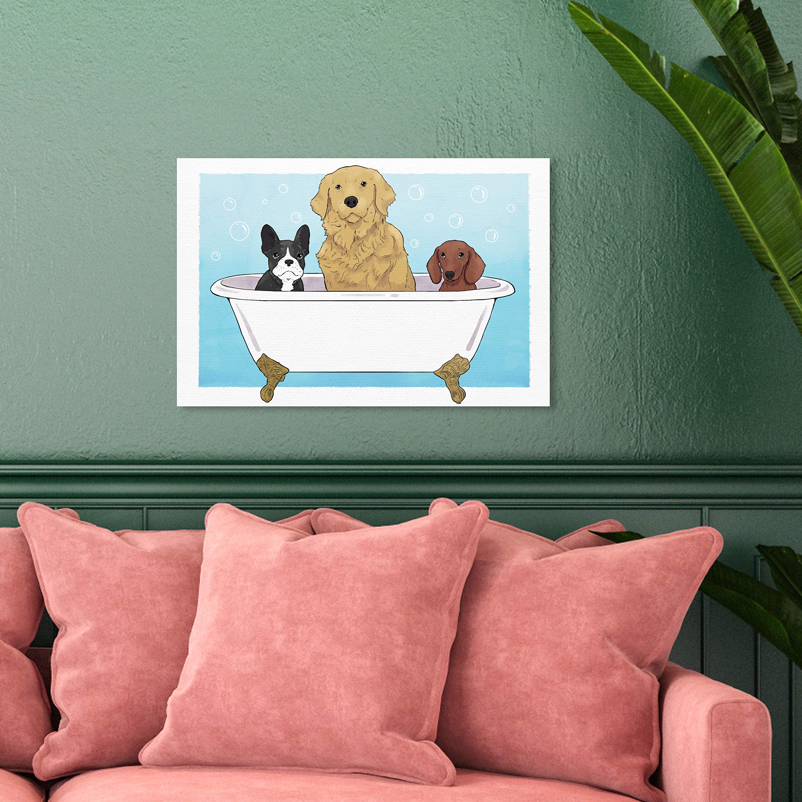Oliver Gal Artist Co. 'Pups in a Tub' Animal Wall Art Canvas Print - Blue & White Home Decor (24x16 Inches) - Perfect for Nursery, Living Room or Bathroom Wall Decor