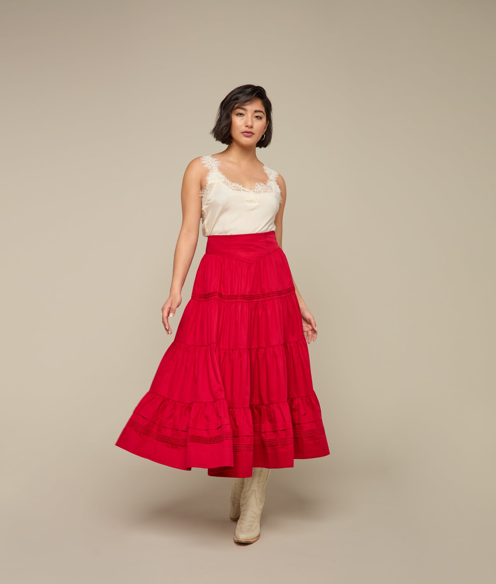 Dakota Tiered Skirt for Women - Flowy Red Midi Skirt with Elastic Waist | Perfect for Casual Outfits, Summer Dresses & Boho Style Fashion