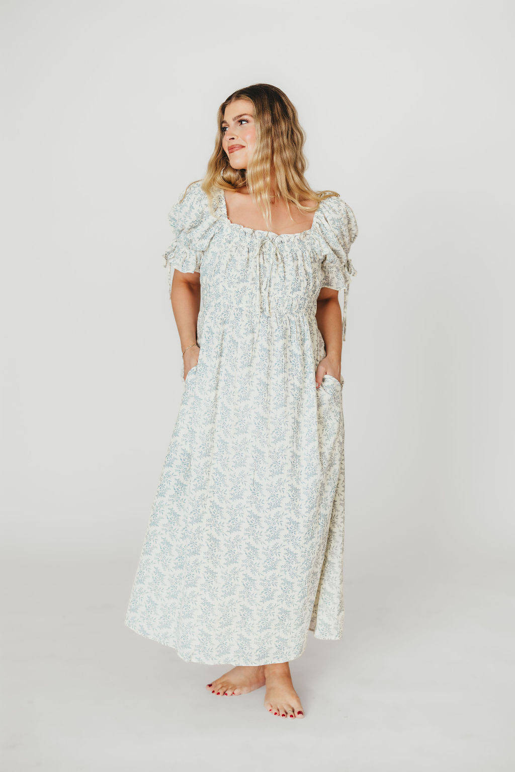 100% Cotton Savanna Steppe Midi Dress - Bump Friendly Maternity & Plus Size Blue Floral Dress for Women | Perfect for Summer Vacations, Beach Outings and Casual Wear